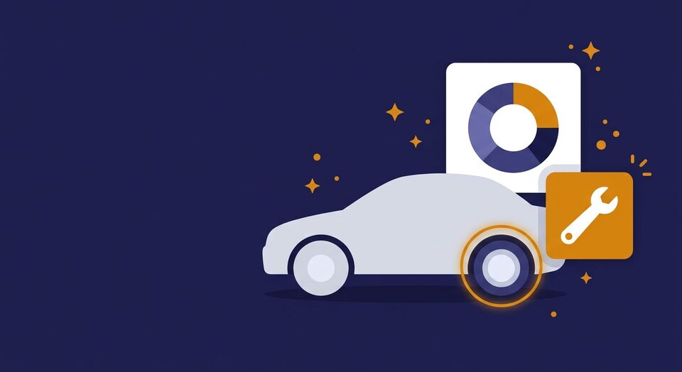 Illustration of a car with a highlighted tyre next to a defect-category chart and a spanner icon