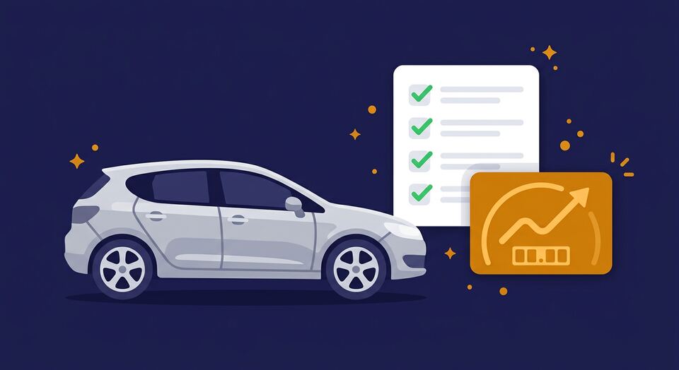 Illustration of a car with a MOT checklist and a rising mileage gauge