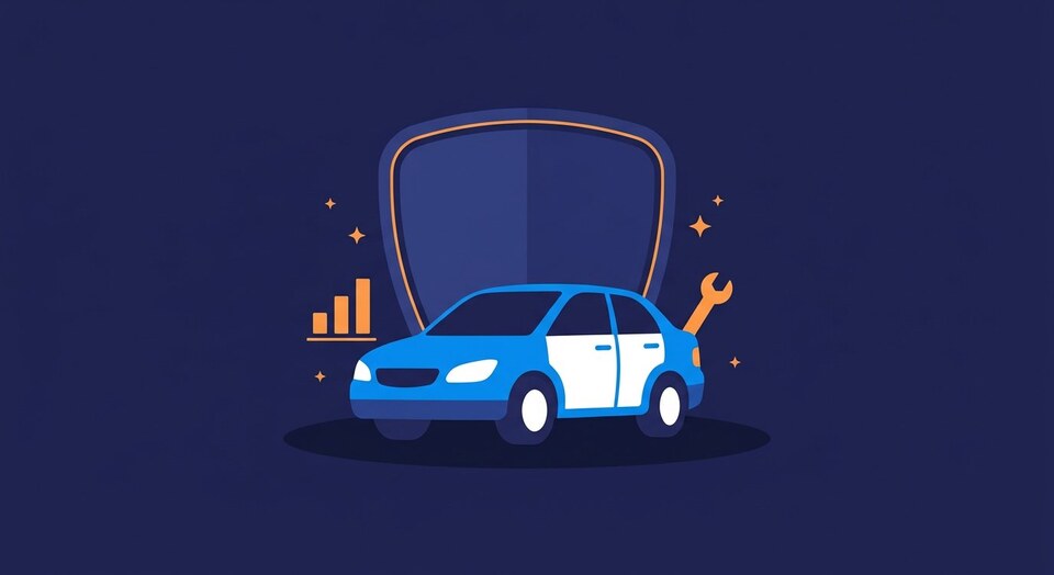 Illustration of a car in front of a manufacturer badge with a bar chart and a spanner