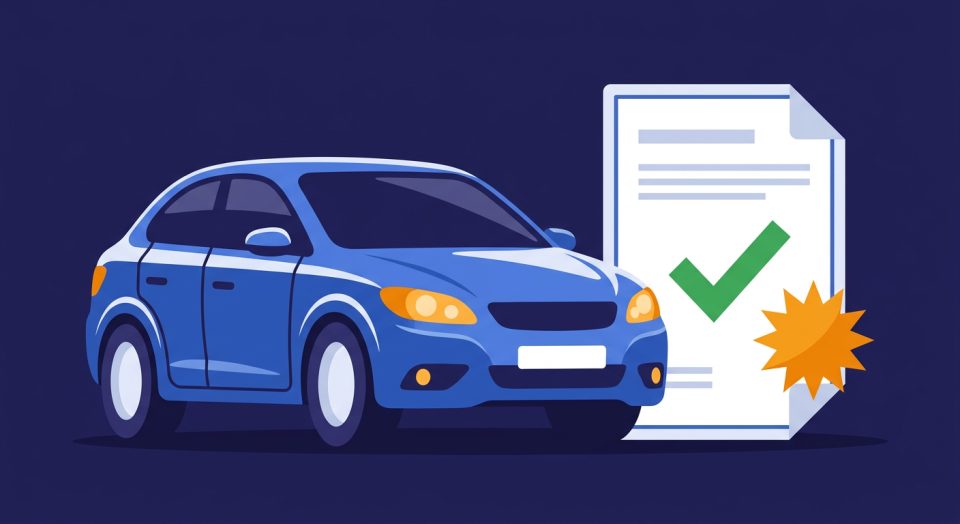 Illustration of a car with a passed MOT certificate and a green tick
